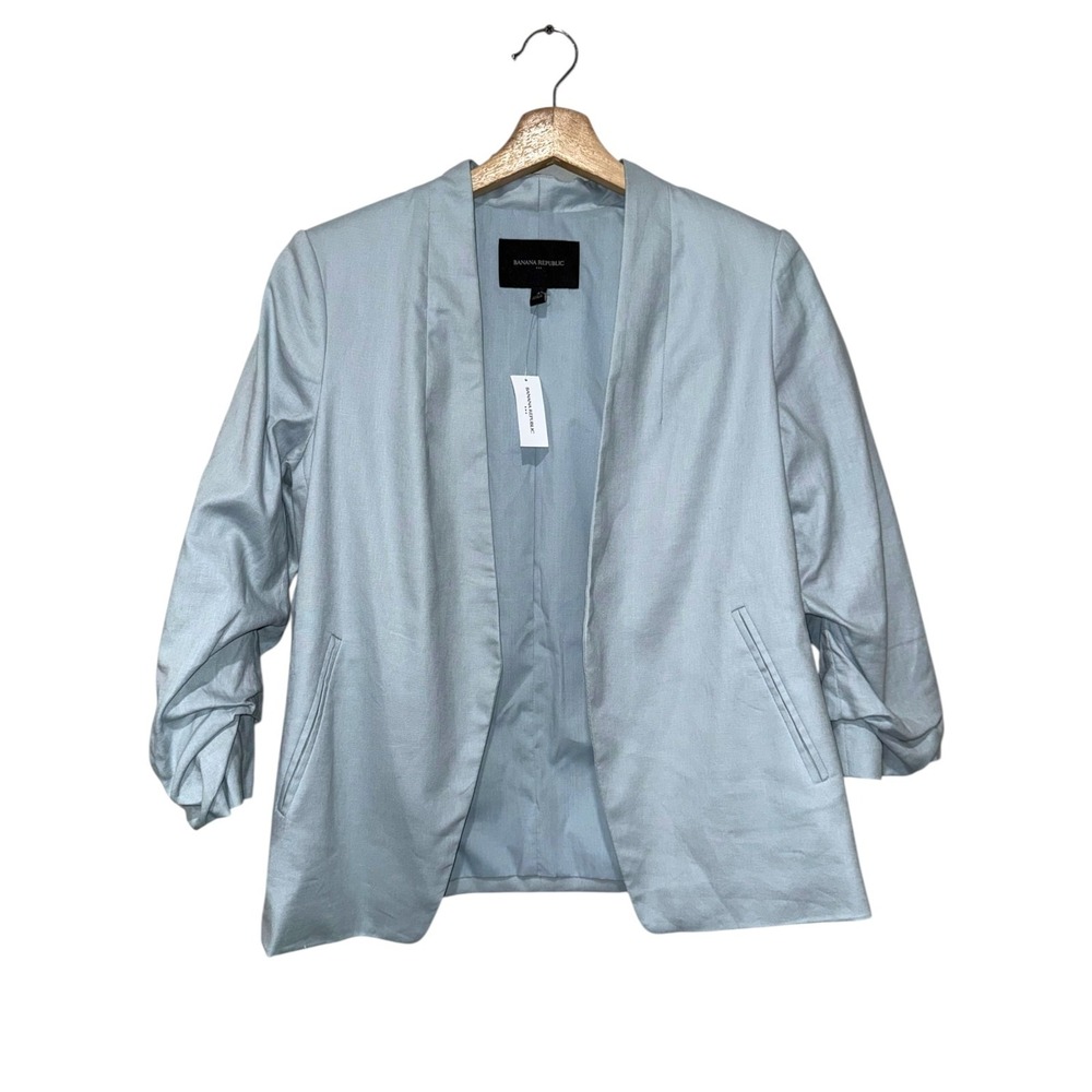 Banana Republic Linen Cotton Blend Open Blazer Blue Sz 4 Ruched 3/4 Sleeve